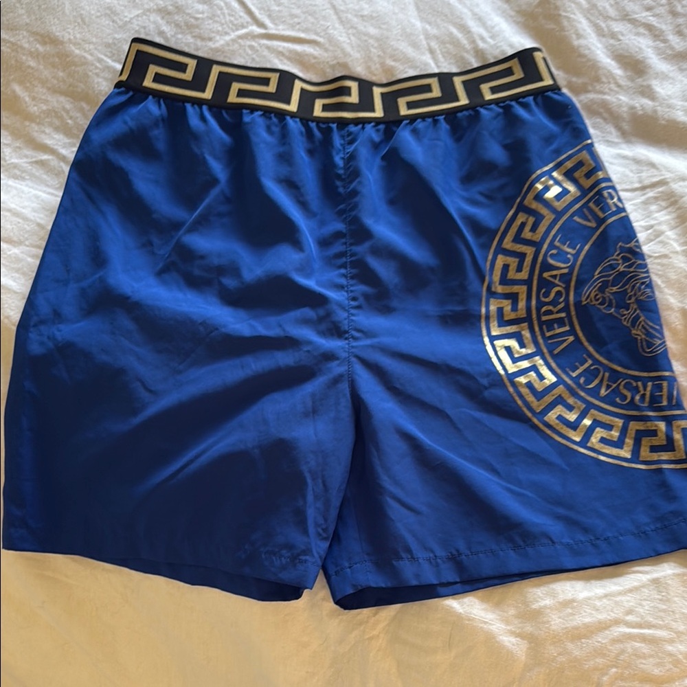 Versace Blue Swim Shorts with Gold Accents